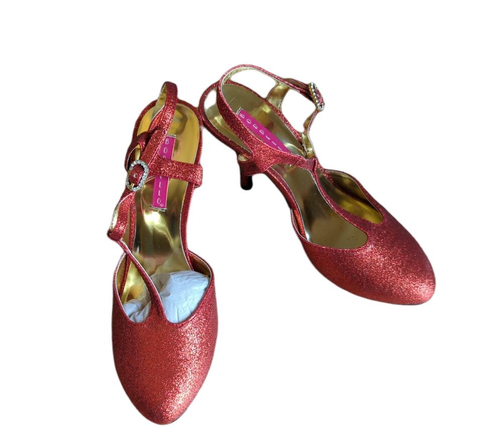 NWT Bordello Violette 12G T-Strap Ruby Red Glitter Heels Burlesque Dance Pinup 8